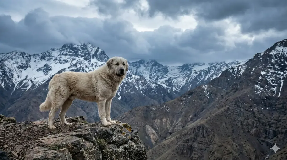 Perro de montaña del Atlas o Aidi con pelaje denso vigilando desde un acantilado rocoso en Marruecos.