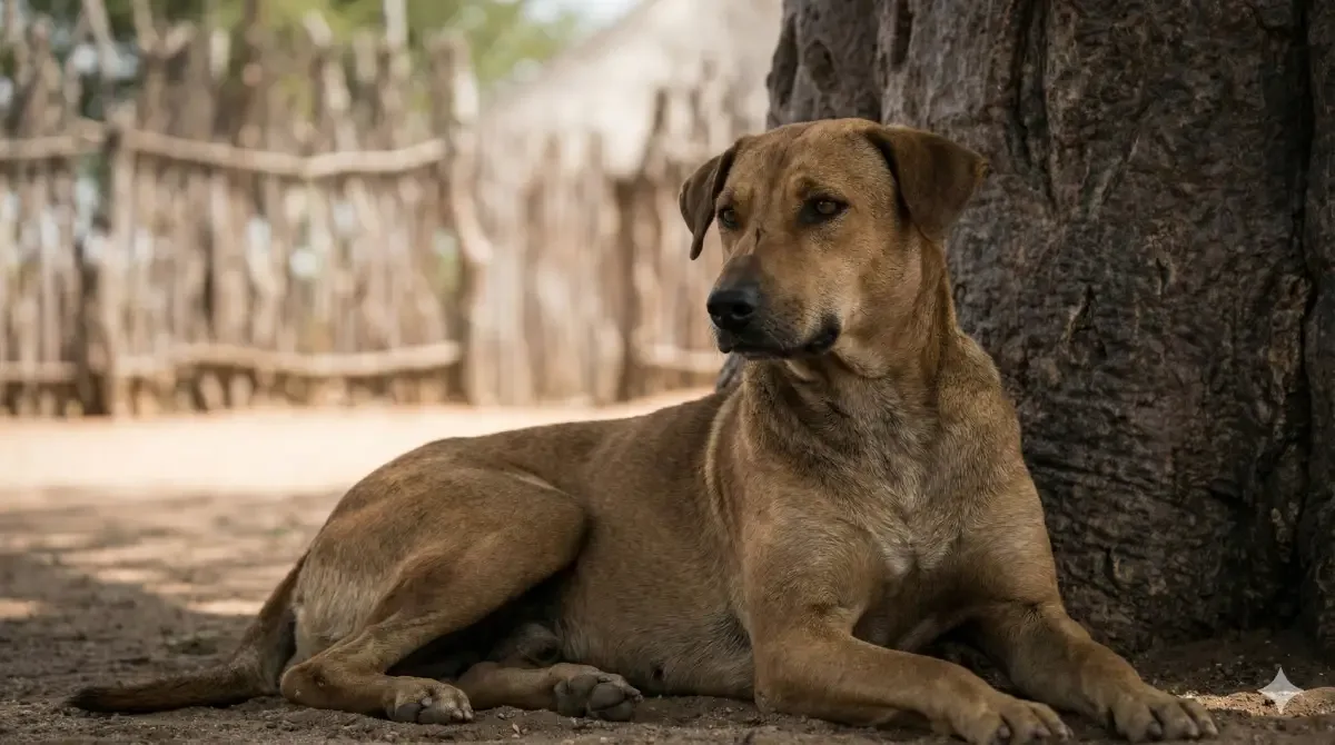 Perro nativo tipo Africanis descansando en una zona rural de Sudáfrica bajo la sombra de un árbol.