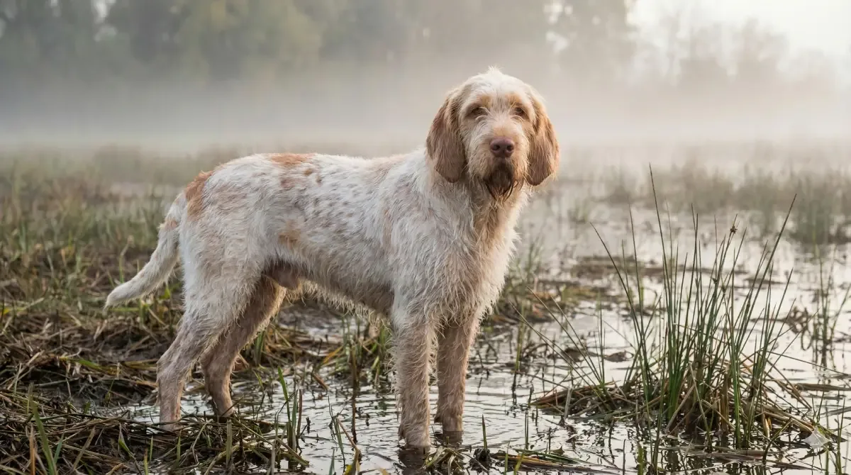 Perro Spinone Italiano de pelaje duro y expresión dulce en un entorno de caza húmedo.