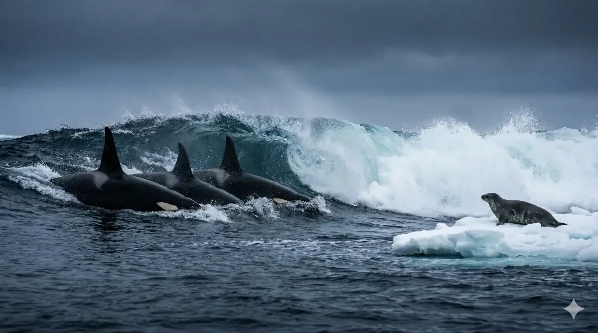 Manada de orcas creando una ola para tirar a una foca de un témpano de hielo.