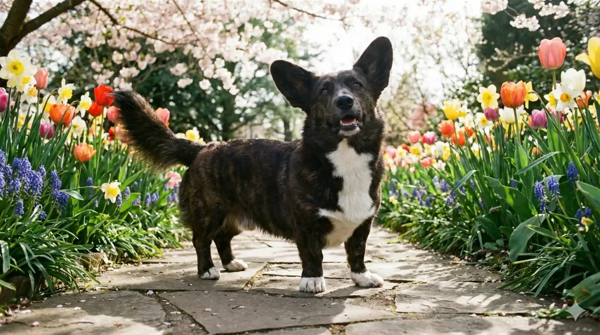 Corgi Cardigan de pelaje atigrado y blanco con cola larga en un jardín.