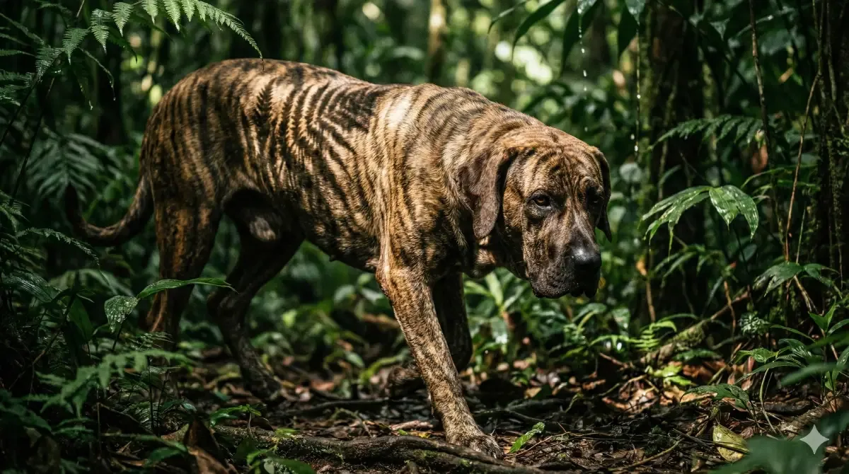 Fila Brasileiro atigrado caminando por la selva con efecto de camuflaje.