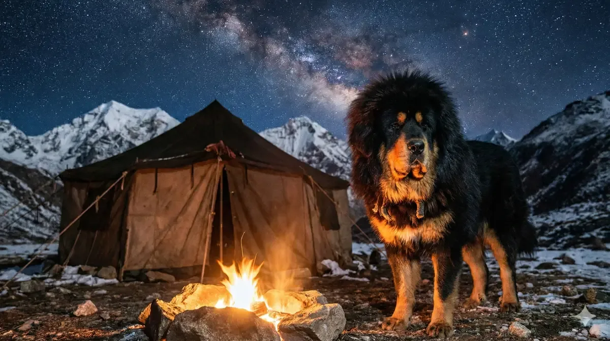 Gigantesco Mastín Tibetano protegiendo un campamento en las montañas del Himalaya.