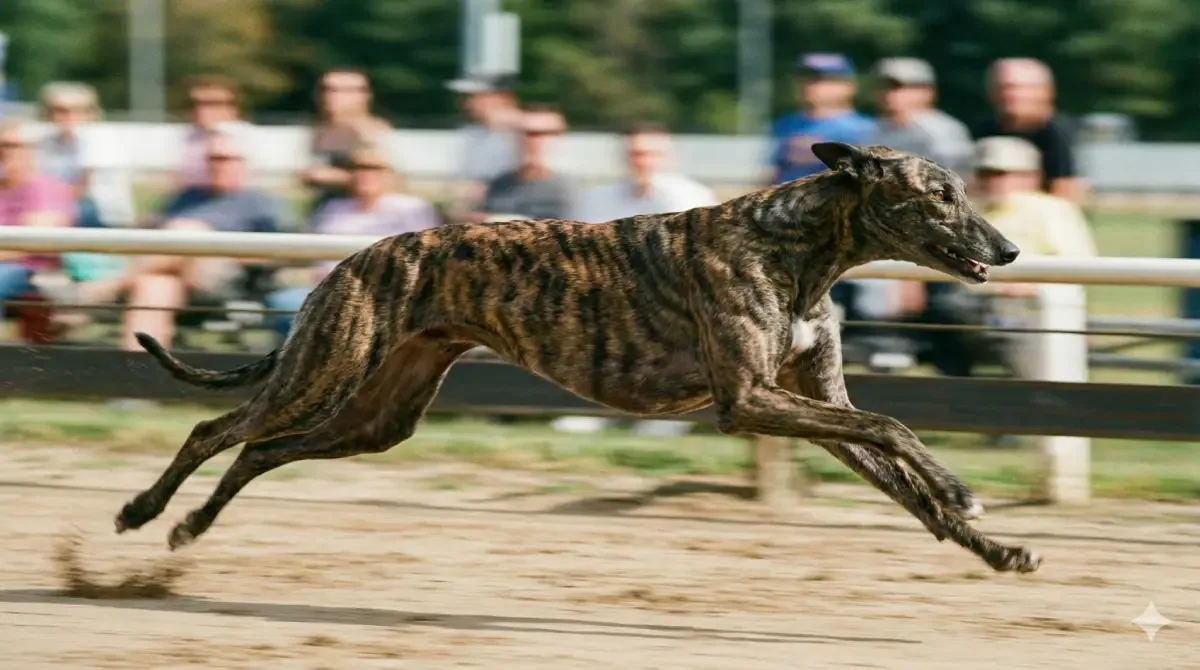 Galgo inglés (Greyhound) atigrado corriendo a gran velocidad con efecto de movimiento.