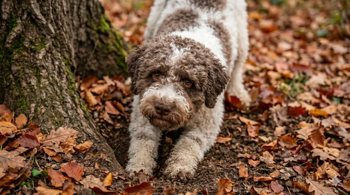 Lagotto Romagnolo de pelo rizado buscando trufas en un bosque de otoño.