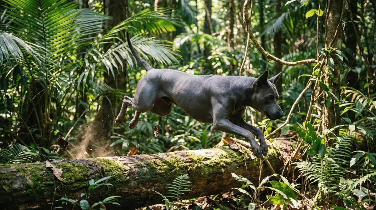Thai Ridgeback de color azul mostrando la cresta en su espalda en la selva.
