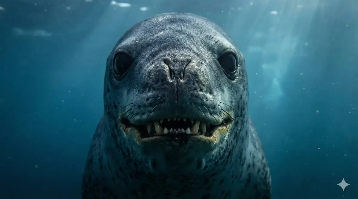 Primer plano de la cara de un leopardo marino bajo el agua mostrando sus dientes.