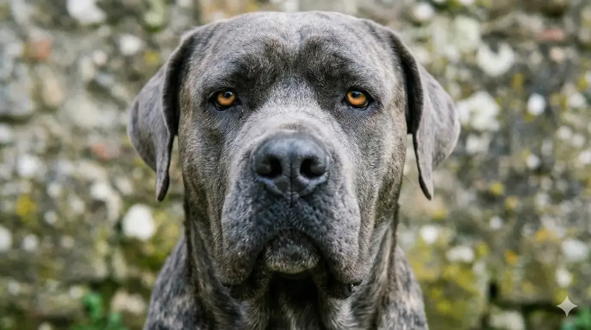 Cane Corso italiano de pelaje atigrado gris con mirada intensa.