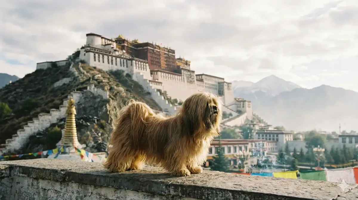 Lhasa Apso con pelaje largo frente al Palacio de Potala en el Tíbet.