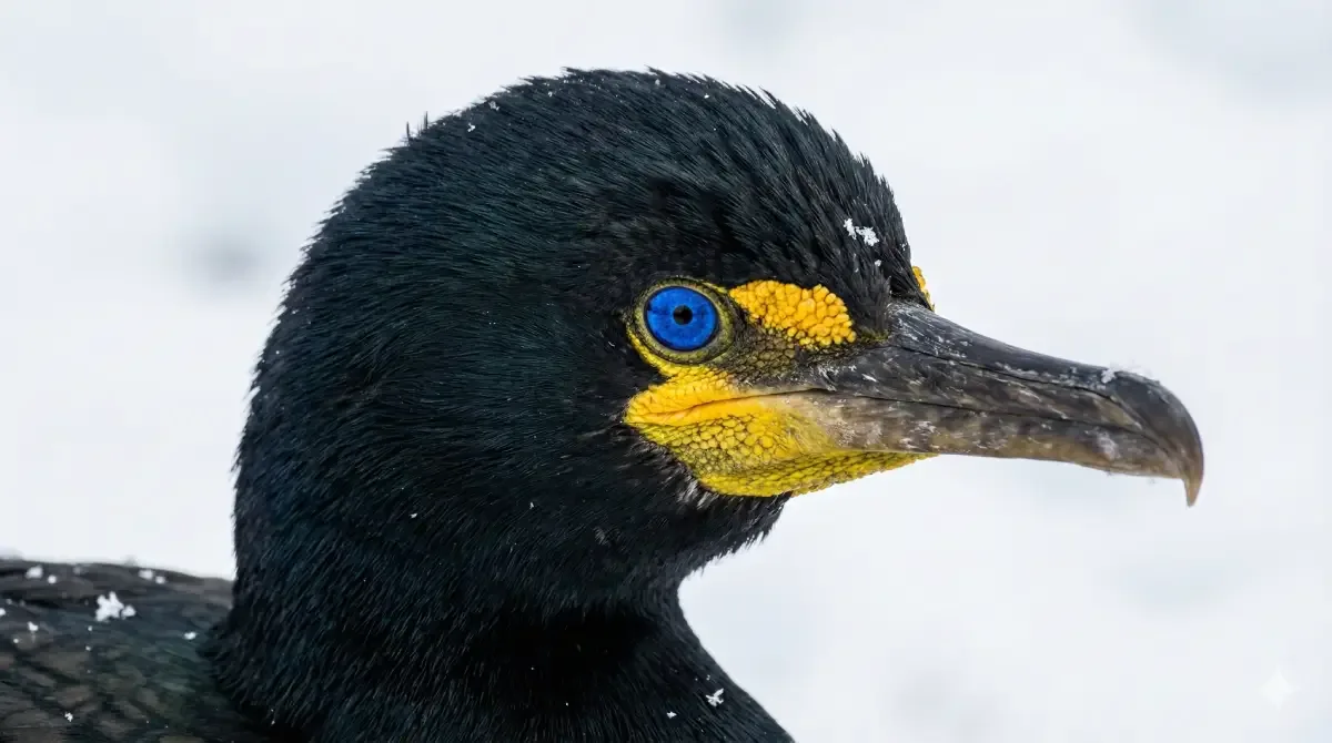 Primer plano del rostro de un Cormorán Imperial mostrando su intenso ojo azul y anillo amarillo.