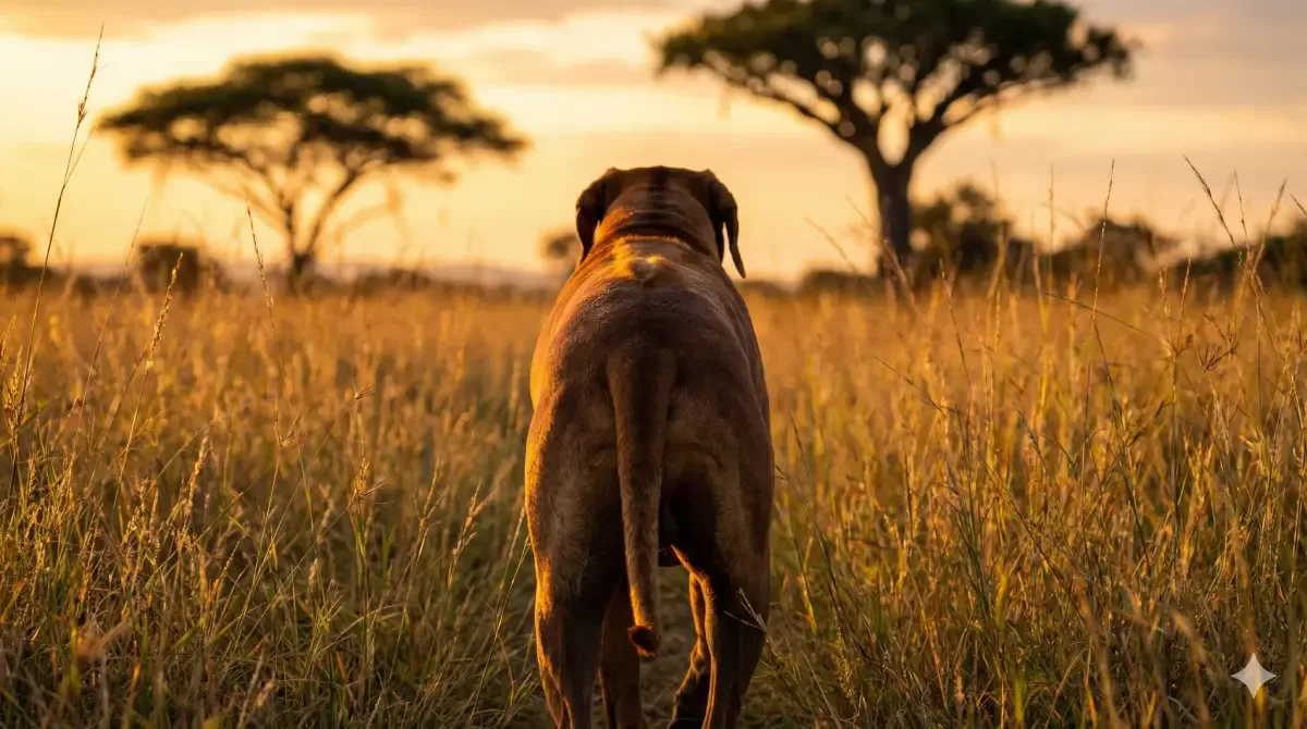 Rhodesian Ridgeback visto desde atrás en la sabana africana mostrando la cresta de pelo invertida en su espalda.
