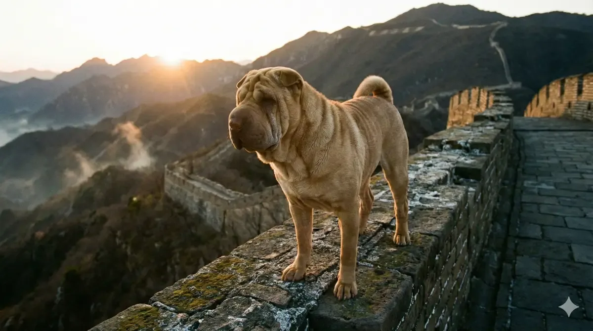 Perro Shar Pei con profundas arrugas posando en la Gran Muralla China.